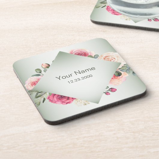 Pink Floral Rustic Geometric Green Party コースター (左側)