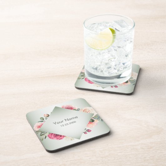 Pink Floral Rustic Geometric Green Party コースター (右側)