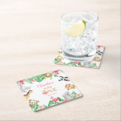 Pink Floral Safari Animals Birthday スクエアペーパーコースター (インサイチュ)