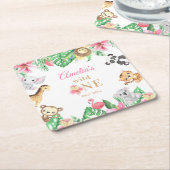 Pink Floral Safari Animals Birthday スクエアペーパーコースター (アングル)