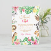 Pink Floral Safari Animals Wild One Birthday サンキューカード (スタンド正面)