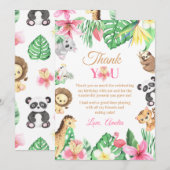 Pink Floral Safari Animals Wild One Birthday サンキューカード (正面/裏面)