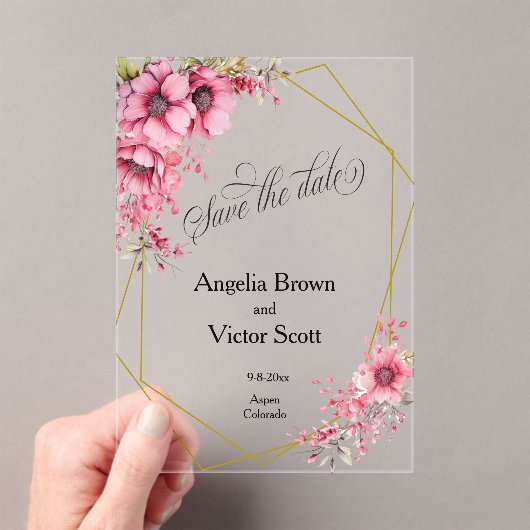 Pink Floral Save the Date Invitation アクリル招待状 (インサイチュ (ポータブル))
