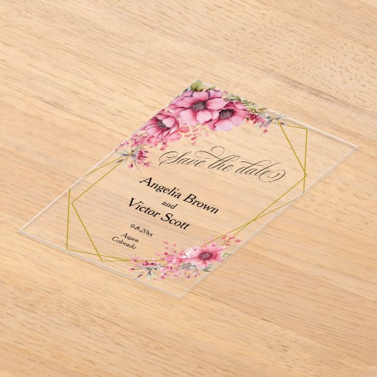 Pink Floral Save the Date Invitation アクリル招待状 (レイダウン)