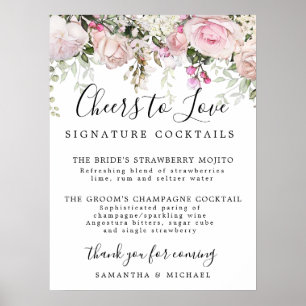 Pink Floral Signature Cocktails Wedding Bar Sign ポスター