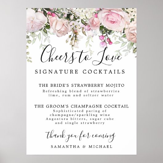 Pink Floral Signature Cocktails Wedding Bar Sign ポスター (正面)