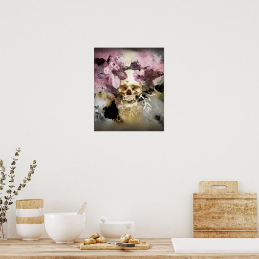 Pink Floral Skull Abstract ポスター (キッチン)