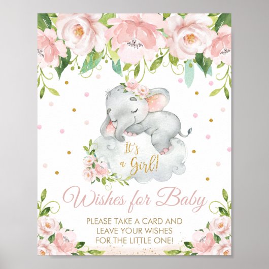 Pink Floral Sleeping Elephant Wishes for Baby Sign ポスター (正面)
