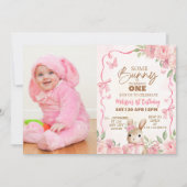 Pink Floral Some Bunny First Birthday Photo 招待状 (正面)