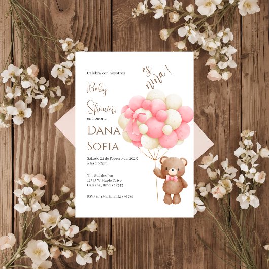 Pink floral Spanish Baby Shower Girl invitation 招待状