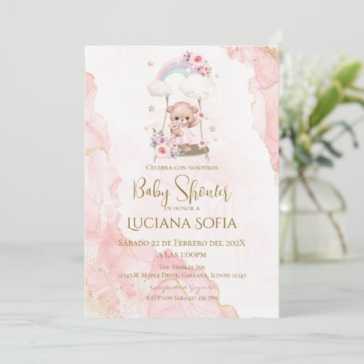 Pink floral Spanish Baby Shower Girl invitation 招待状 (スタンド正面)