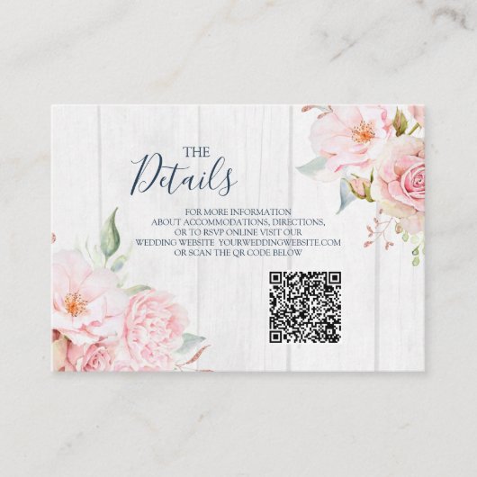 Pink Floral Spring Wedding QR code Details Insert エンクロージャーカード (正面)