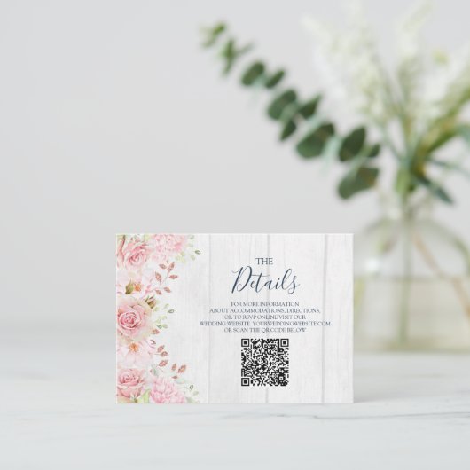 Pink Floral Spring Wedding QR code Details Insert エンクロージャーカード (スタンド正面)