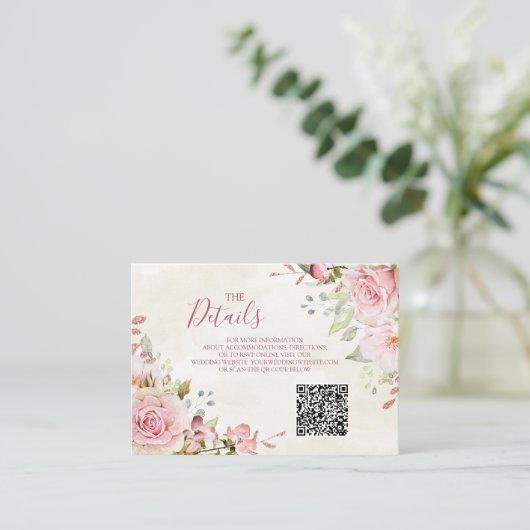 Pink Floral Spring Wedding QR code Details Insert エンクロージャーカード (スタンド正面)