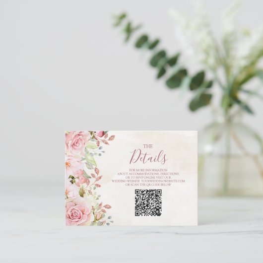 Pink Floral Spring Wedding QR code Details Insert エンクロージャーカード (スタンド正面)