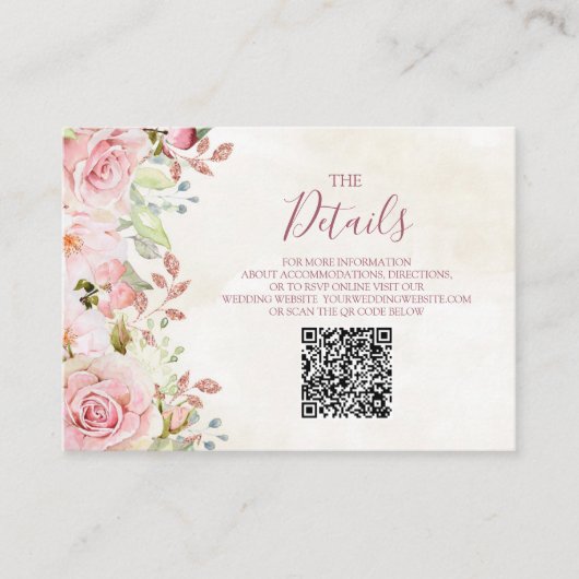 Pink Floral Spring Wedding QR code Details Insert エンクロージャーカード (正面)