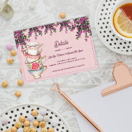 Pink Floral Stacked Teacups Bridal Shower Details エンクロージャーカード