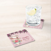 Pink Floral Stacked Teacups Bridal Shower Party スクエアペーパーコースター (インサイチュ)
