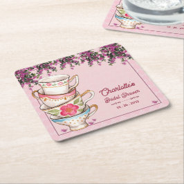 Pink Floral Stacked Teacups Bridal Shower Party スクエアペーパーコースター