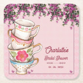 Pink Floral Stacked Teacups Bridal Shower Party スクエアペーパーコースター (正面)