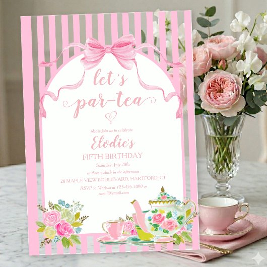 Pink Floral Stripe Let's Par-tea Birthday アクリル招待状