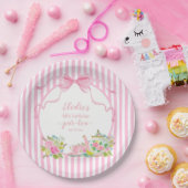 Pink Floral Stripe Let's Par-tea Birthday ペーパープレート (パーティー)