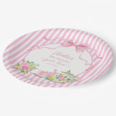Pink Floral Stripe Let's Par-tea Birthday ペーパープレート (アングル)