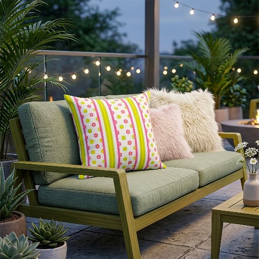 Pink Floral Stripe Pillow クッション