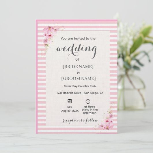 Pink Floral Striped Wedding Invitation 招待状 (スタンド正面)