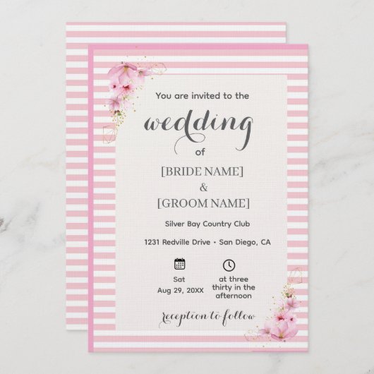 Pink Floral Striped Wedding Invitation 招待状 (正面/裏面)