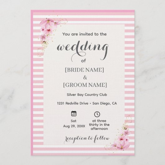 Pink Floral Striped Wedding Invitation 招待状 (正面)