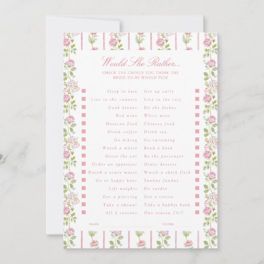 Pink Floral Striped Would she rather Game Card 招待状 (正面)