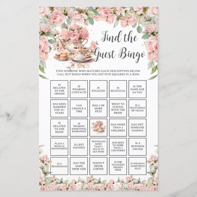 Pink Floral Tea Party Bridal Find the Guest Bingo (正面)
