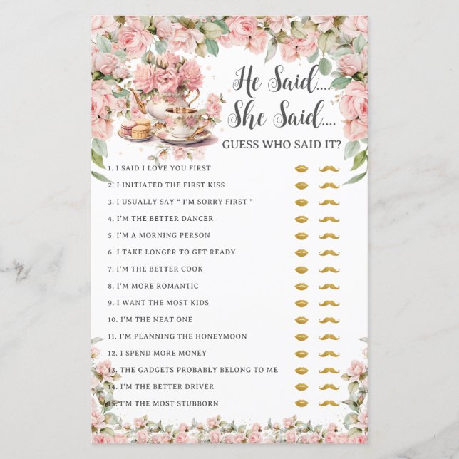 Pink Floral Tea Party He Said She Said Bridal Game (正面)