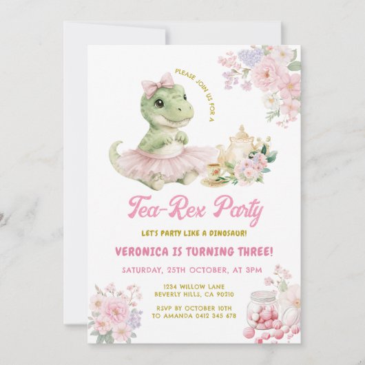Pink Floral Tea-Rex Dinosaur 3rd Birthday 招待状 (正面)