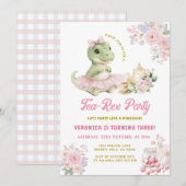 Pink Floral Tea-Rex Dinosaur 3rd Birthday 招待状 (正面/裏面)