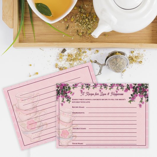 Pink Floral Teacups Bridal Shower Recipe Card エンクロージャーカード