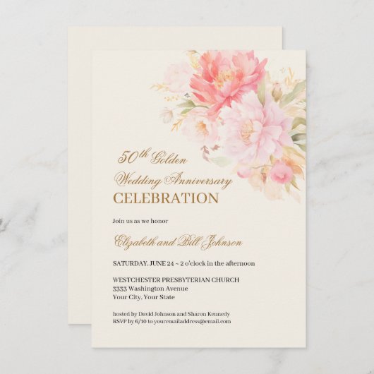Pink Floral Theme Gold 50th Wedding Anniversary 招待状 (正面/裏面)