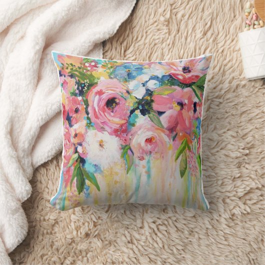Pink Floral Throw Pillow クッション (ブランケット)