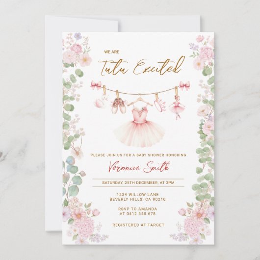 Pink Floral Tutu Excited Ballerina Baby Shower 招待状 (正面)