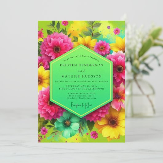 Pink Floral Vibrant Bloom Wedding 招待状 (スタンド正面)