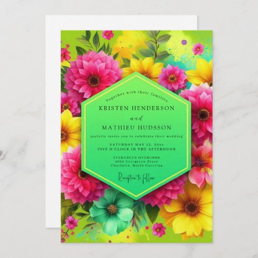 Pink Floral Vibrant Bloom Wedding 招待状 (正面/裏面)