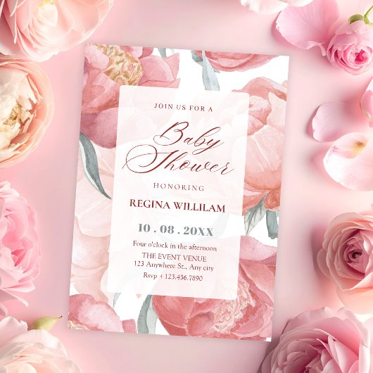 Pink floral watercolor baby shower 招待状