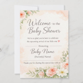 Pink Floral Watercolor Baby Shower Welcome Sign –  招待状