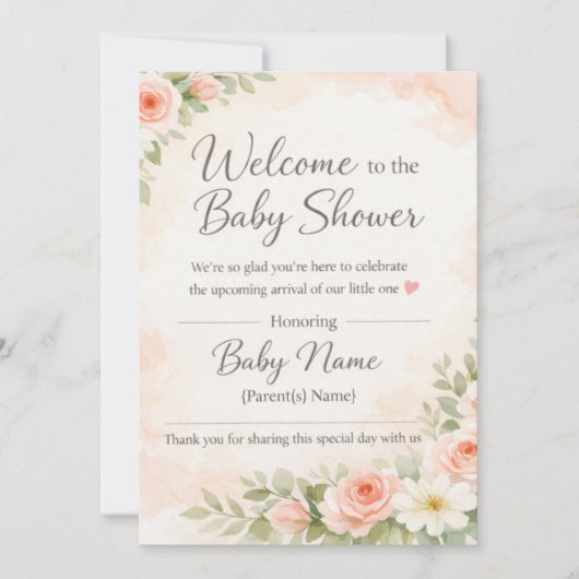 Pink Floral Watercolor Baby Shower Welcome Sign –  招待状 (正面)