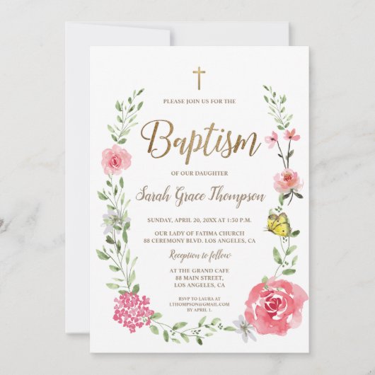 Pink Floral Watercolor Baptism Gold Cross Script  招待状 (正面)