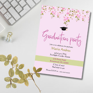 Pink Floral Watercolor Graduation Party Invitation 招待状
