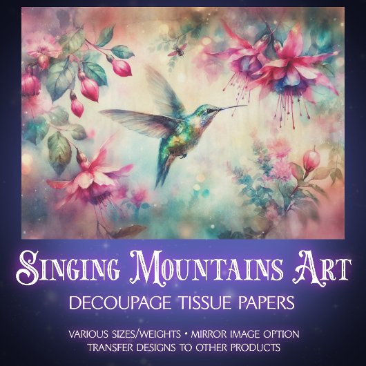 Pink Floral Watercolor Hummingbird Decoupage 薄葉紙