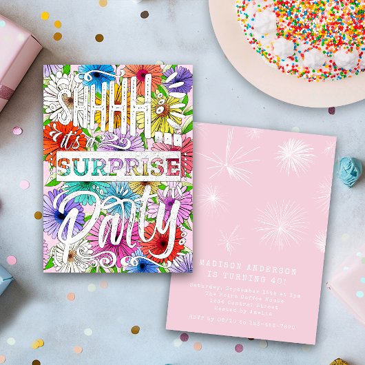 Pink Floral Watercolor Shh Surprise Birthday Party 招待状