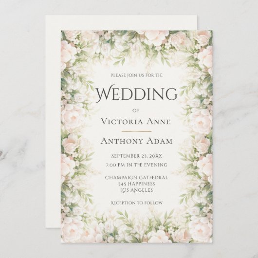 Pink Floral Watercolor Wedding  招待状 (正面/裏面)